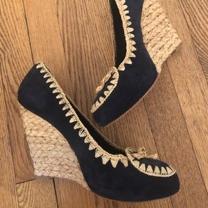 Tory Burch Blue Suede Wedges with Jute Detailing